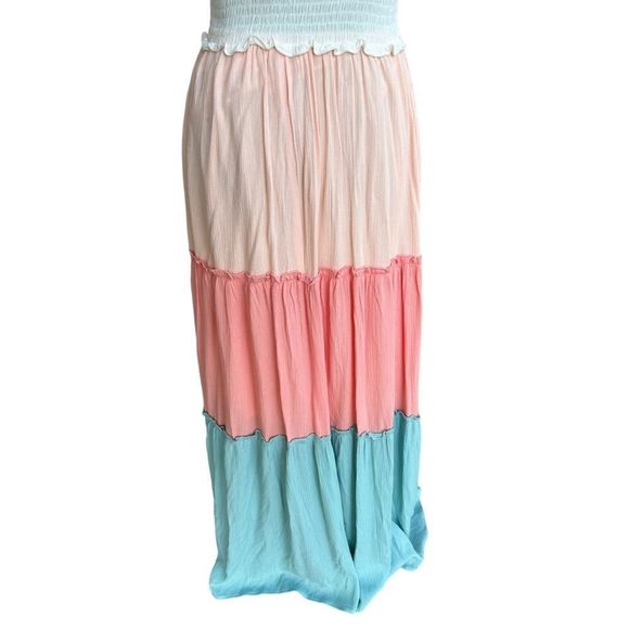 Women’s Tiered Color Block Smocked Maxi Dress-Tie Sleeves-See Description on SZ - Picture 2 of 16